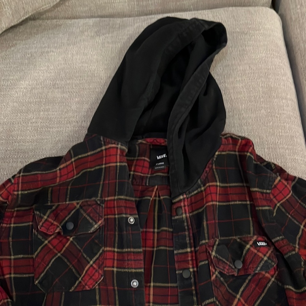 Boy XL Vans flannel hoodie button up long sleeve shirt.